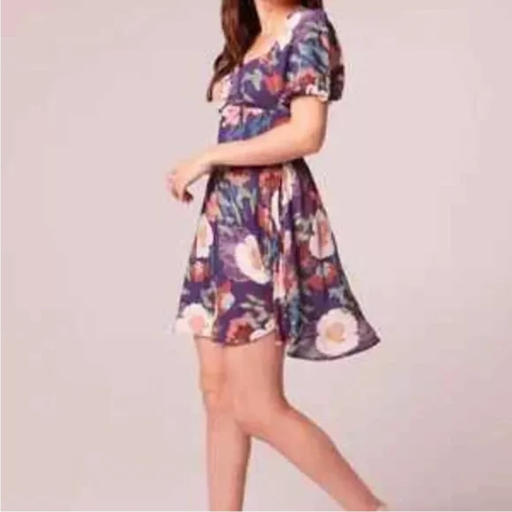 Band of Gypsies Aimee Purple Ivory Puff Sleeve Floral Mini Dress M NWT - Picture 2 of 8